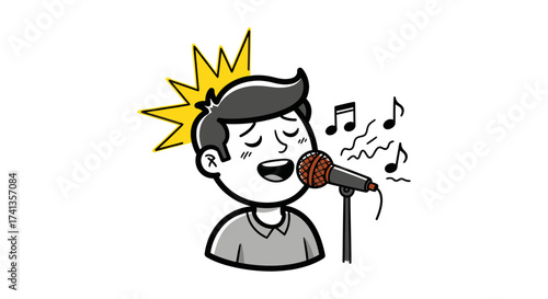 Cartoon Man Singing into Microphone with Musical Notes.