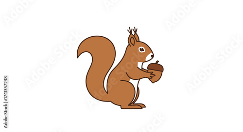 Adorable cartoon red squirrel holding a brown acorn in its paws.