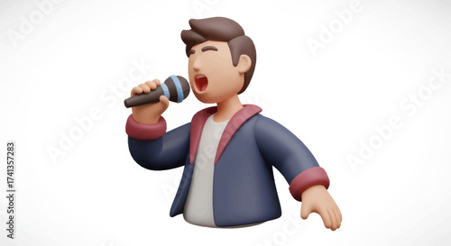3D Rendered Cartoon Singer Holding Microphone and Performing.