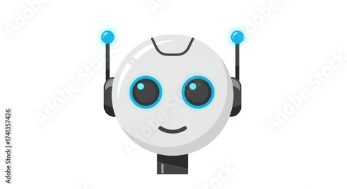 Smiling Cartoon Robot Head with Blue Eyes and Antennas.