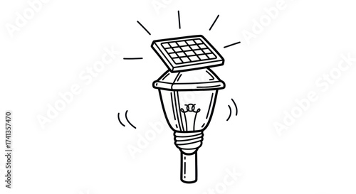 Hand-drawn illustration of a solar-powered garden lamp with a light bulb.