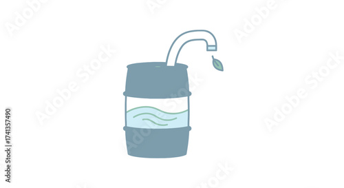 Blue barrel with a faucet dispensing water droplets.