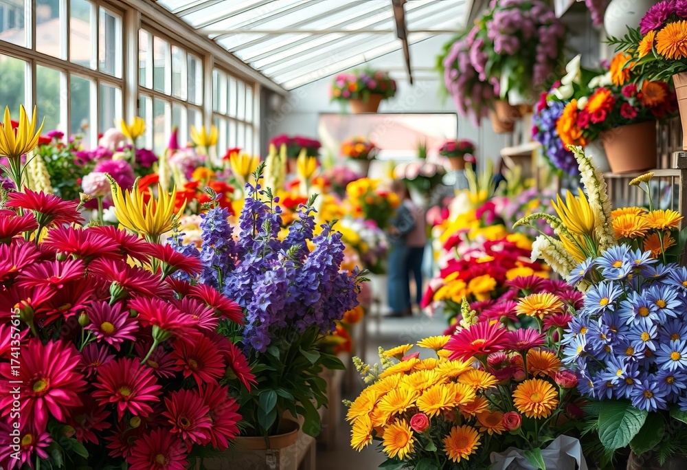 Fototapeta premium Vibrant floral arrangements in a sunlit flower shop, florist, carnations