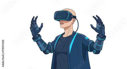 Person wearing a virtual reality headset and gloves interacting with digital space.