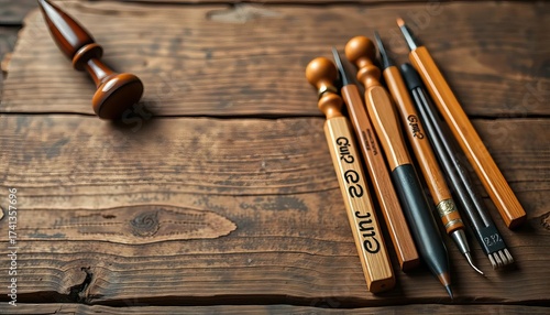 Elegant calligraphy tools arranged on rustic wood,  brown,  art