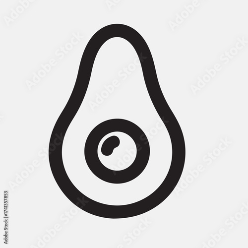 Minimalist avocado icon isolated on white background, showcasing a simple yet elegant design with a clean outline and a single seed for a modern aesthetic