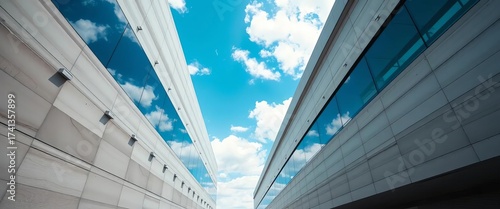 Modern architecture, angular concrete walls, reflecting sky,  texture,  walls