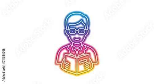 Neon glowing illustration of a man wearing glasses reading a book.