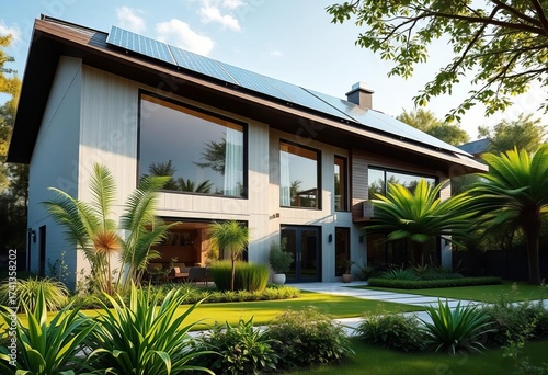 Modern eco-friendly house with solar panels and lush green garden,   real estate,   architecture