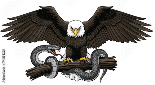 Majestic bald eagle with outstretched wings confronting a coiled snake on a branch, embodying strength and resilience for powerful logo or emblem designs
