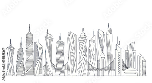 A detailed line drawing of a modern city skyline with diverse architectural styles.