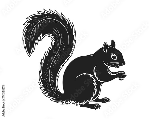 A detailed black silhouette of a squirrel in profile, holding a nut in its paws, with a textured bushy tail