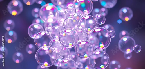 Shimmering iridescent soap bubbles clustered together, reflecting light,  close-up,  foam