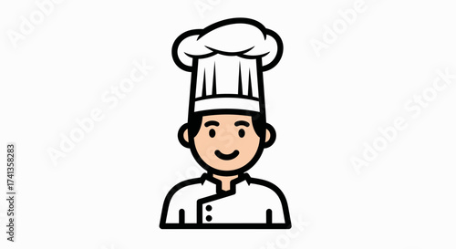 Cartoon Chef in Traditional White Uniform and Tall Toque.