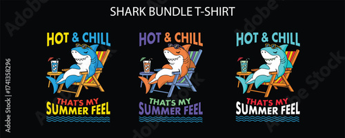 Three cartoon sharks chilling on lounge chairs with drinks on black background bundle design