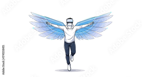 Person Wearing VR Headset with Blue Ethereal Wings Experiencing Virtual Reality.