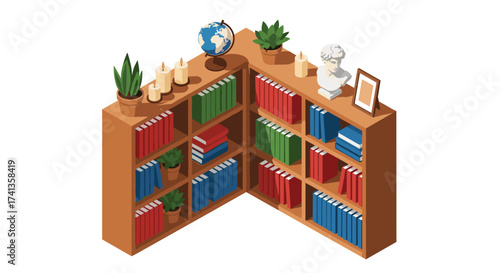 Organized bookcase vignette with books, plants, globe, and bust creates a sophisticated, studious atmosphere perfect for learning and reading spaces