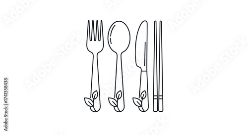 Minimalist Line Art of Eco-Friendly Cutlery Set with Leaf Accents.