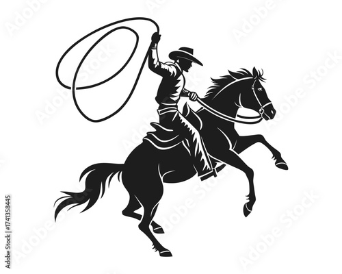 A dynamic silhouette depicts a cowboy on a bucking horse, mid-action, expertly swinging a lasso. The image evokes the spirit of the Wild West