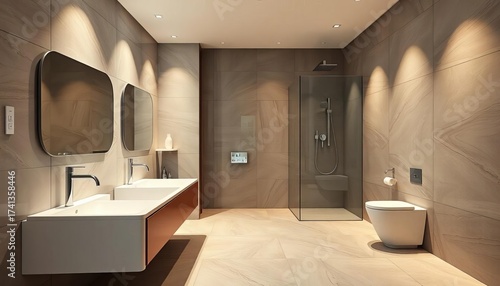 Sleek modern bathroom with large format tiles, chrome fixtures, elegant, wall