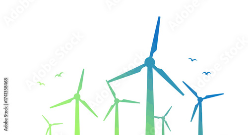 Group of Green and Blue Wind Turbines Generating Power.