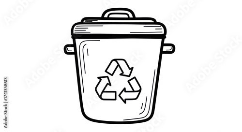 Hand-Drawn Recycle Bin with Lid and Handles Black Outline.