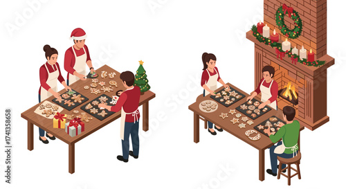 Christmas with family and friends baking cookies near the fireplace, creating cherished memories for the holidays
