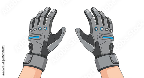 Pair of Gray and Black Protective Gloves with Blue Accents.