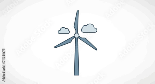 Stylized illustration of a modern wind turbine with two clouds.