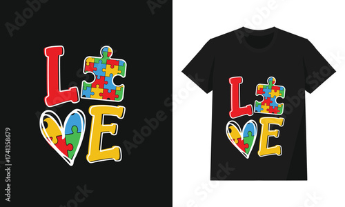 Autism Awareness Love Typography with Colorful Puzzle Heart and Support Symbol