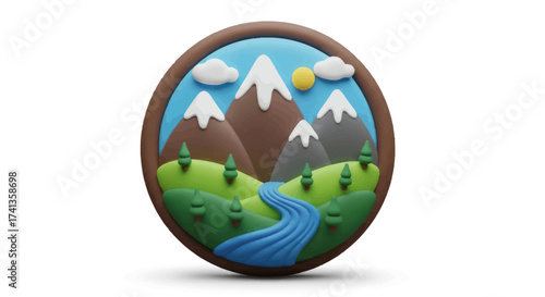 Mountain Landscape Illustration with River Trees Clouds and Sun in a Circular Frame.