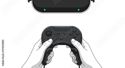 Hands Holding a Black Game Controller with VR Headset Above.