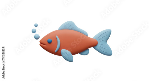 A vibrant orange and blue fish with bubbles rendered in a 3D clay-like style.