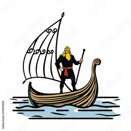 Leif Erikson Day flat vector illustration celebrating ancient Norse explorers, Viking ships, Nordic patterns, and historical adventure with bold, clean, minimal design style.