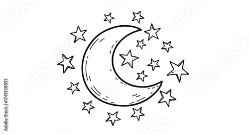 Hand-drawn crescent moon surrounded by a constellation of stars.