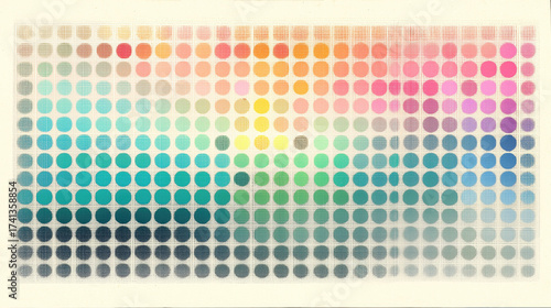 Abstract colorful dot gradient pattern with rainbow hues, soft tones and grid texture, ideal as wallpaper or design element for art, color theory, graphic design and creative projects