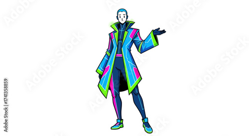 Vibrant Cyberpunk Character in Neon Blue and Pink Coat.