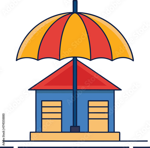 House Protected by an Umbrella Icon on White Background home building