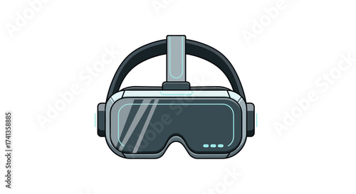 Futuristic Virtual Reality Headset with Reflective Lenses and Adjustable Strap.