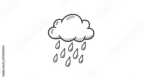 Hand-drawn doodle sketch of a raining cloud with falling raindrops.