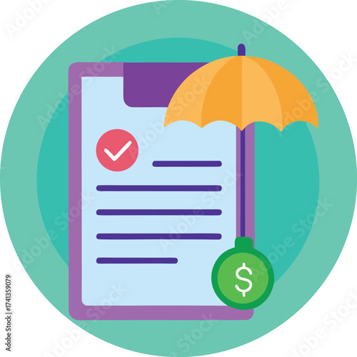 Insurance Document Icon with Umbrella and Dollar Sign on White Background Keywords: insurance, document