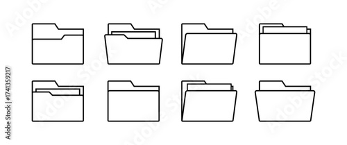 Outline Folder Icon Symbol Set with Open, Closed, and Document Storage Variations for Business and Digital File Management