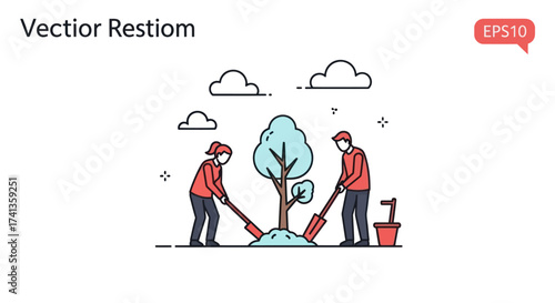 People Planting a Tree Together: Collaborative Environmental Action Illustration.