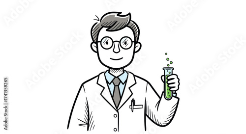 Scientist Holding Test Tube with Bubbling Green Liquid Cartoon Style.