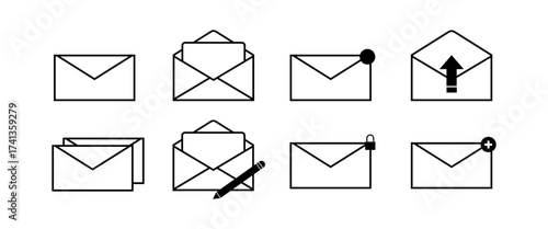 Outline Mail Icon Collection with Envelopes, Messages, Notifications, and Communication Symbols for Business and Digital Apps