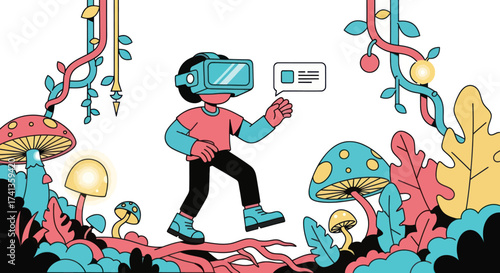 Cartoon Character Wearing VR Headset Exploring Vibrant Fantasy Virtual Reality World.