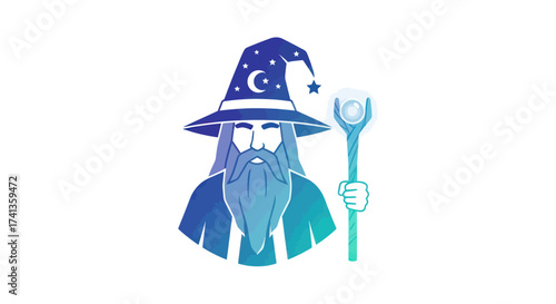 Cartoon Wizard with Blue Beard Hat and Staff.