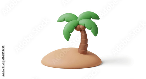 Miniature clay palm tree on a sandy island diorama.