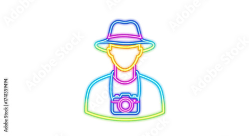 Stylized Neon Outline of a Photographer Wearing a Hat.