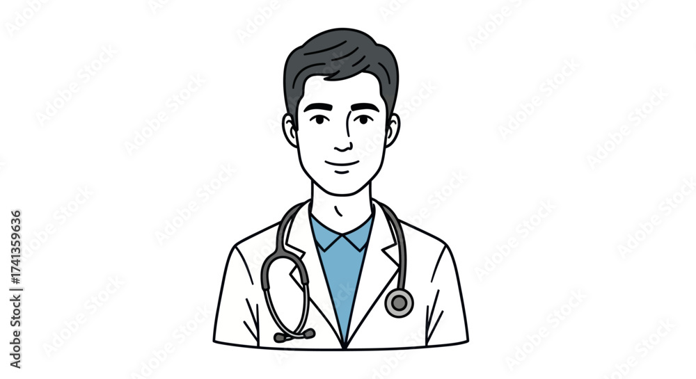 Fototapeta premium Illustration of a smiling male doctor with a stethoscope around his neck.